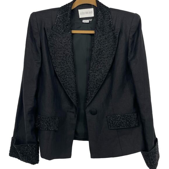Lulu Bravo 8 Medium 100% Linen Blazer Beaded Single Breasted Elegant One Button - Picture 4 of 7